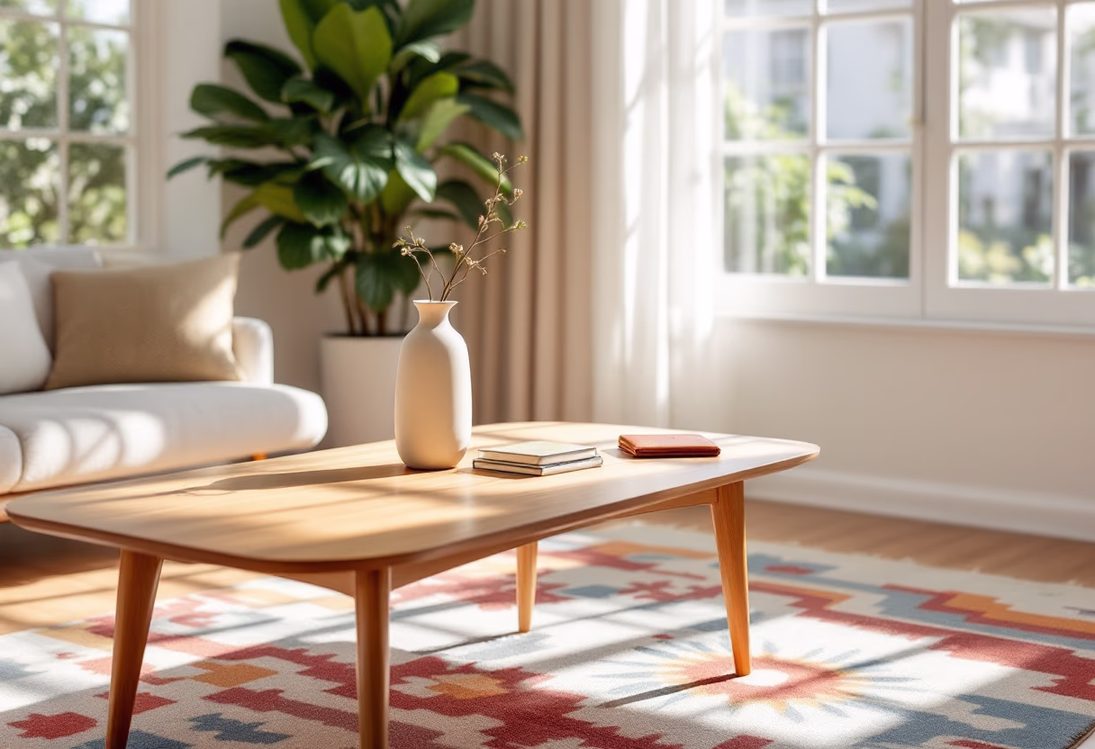 A vase with some flower on a center table in a living room with plenty of light