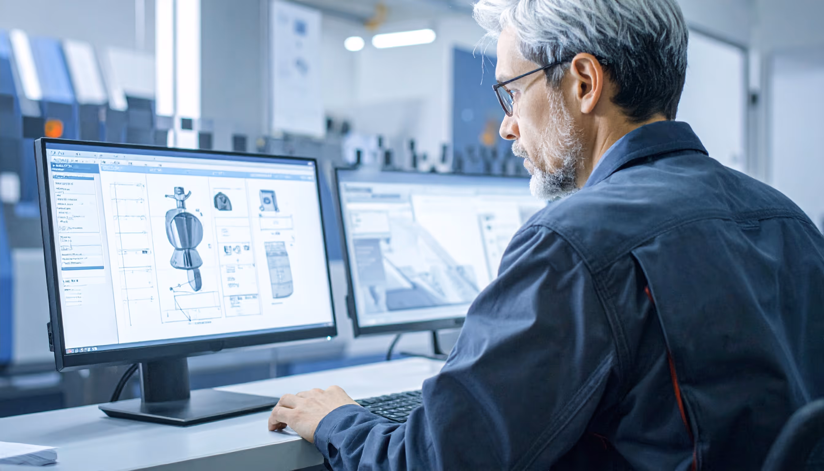 A manufacturer checking a 2D drawing on a computer screen.