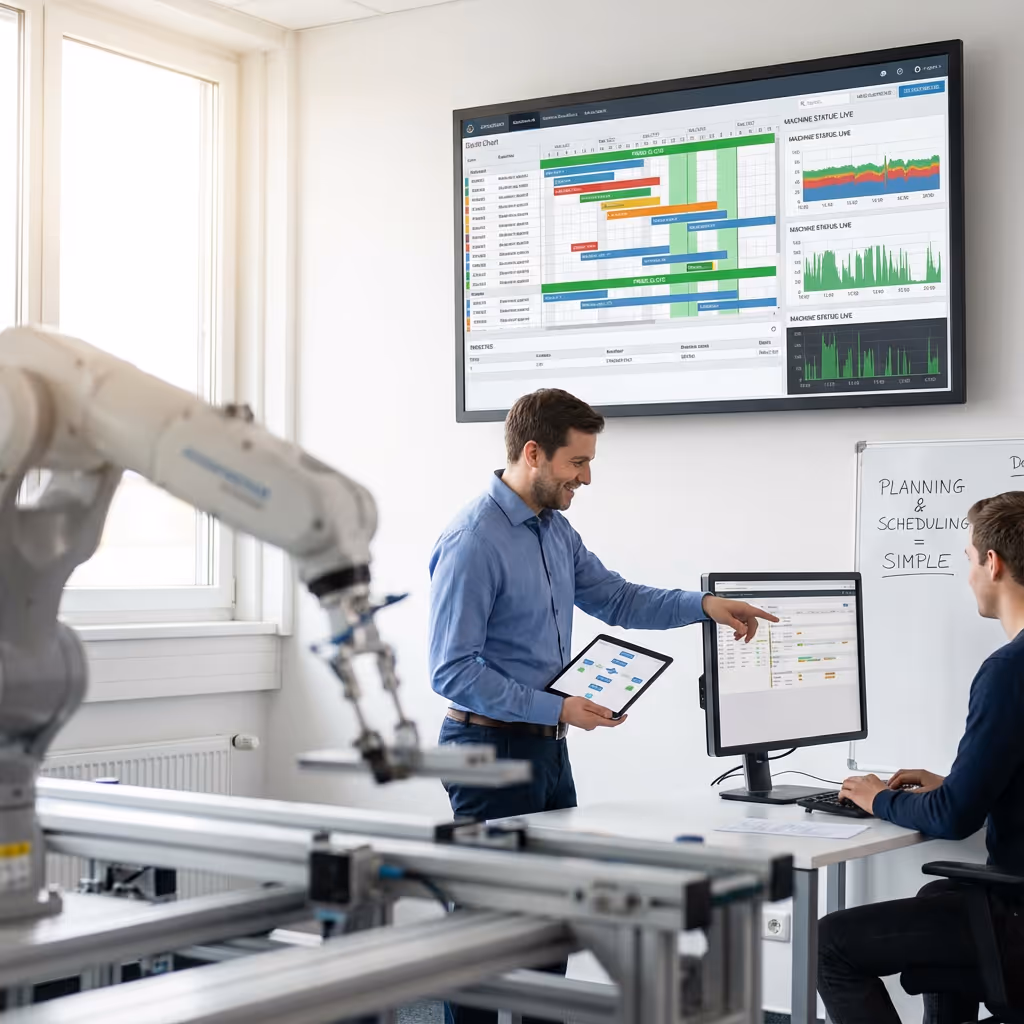 People working on a scheduling calendar in a robotics shop.