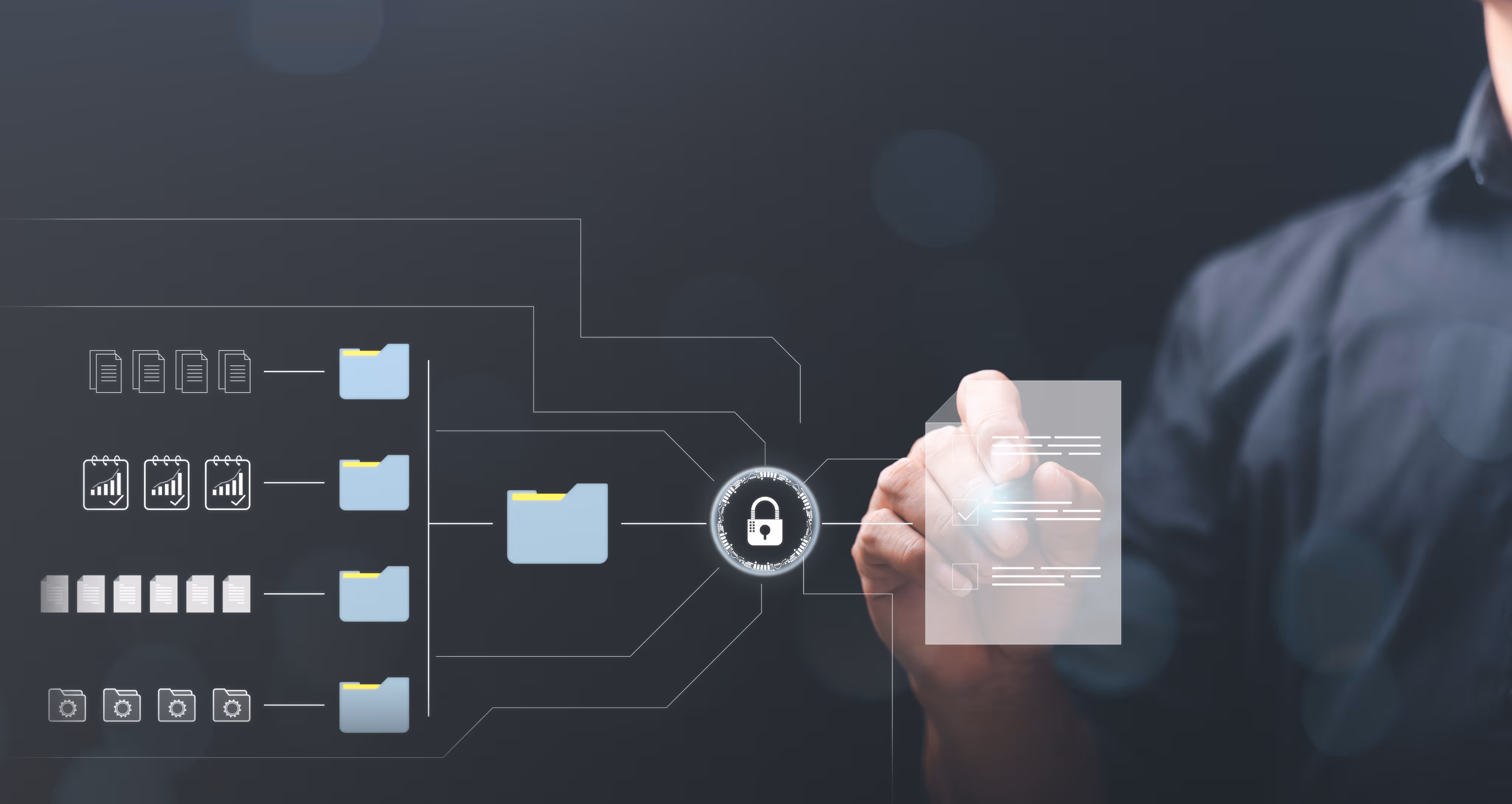 A flow diagram showing files leading to a padlock. The padlock expands out to show a checklist.