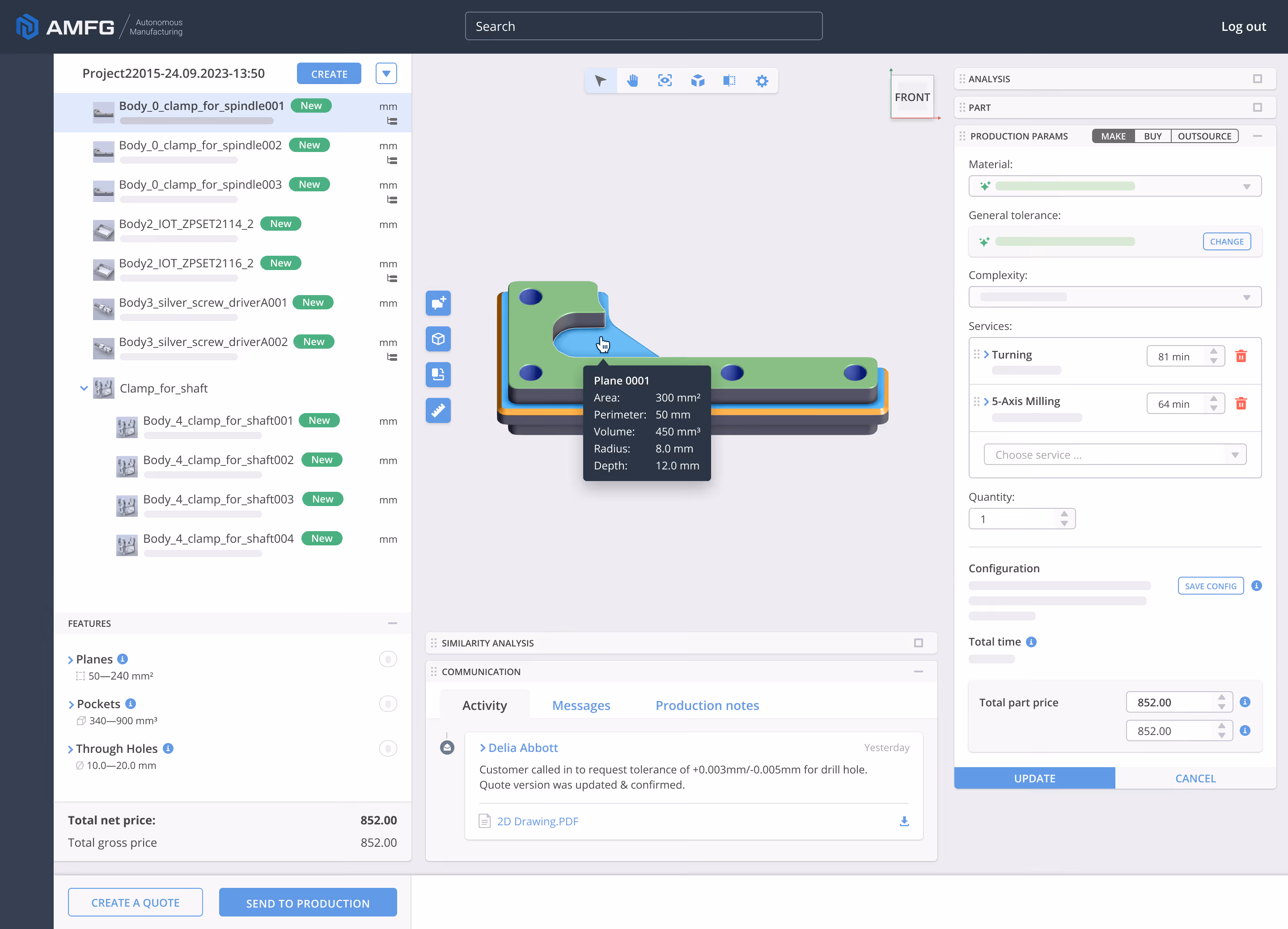 A 2D image of a part in AMFG, showing Area, Perimeter, Volume, Ratio and Depth. Underneath the model is a box labelled "Communication" with a note about a customer request for the part.
