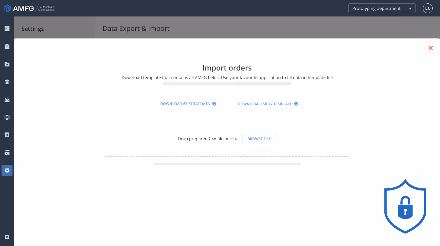 AMFG showing a page for importing orders.