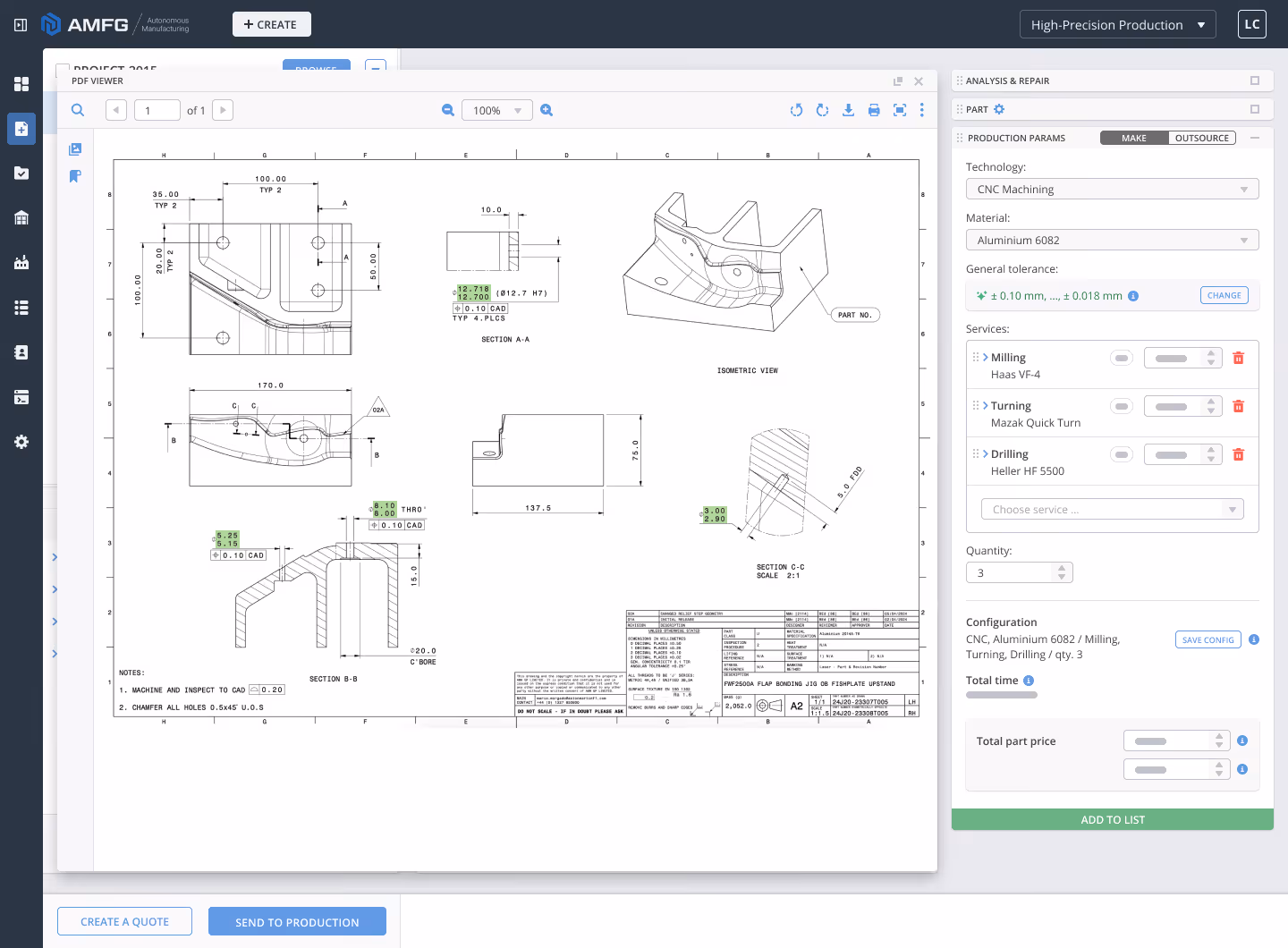 A technical 2D Drawing being estimated in AMFG.