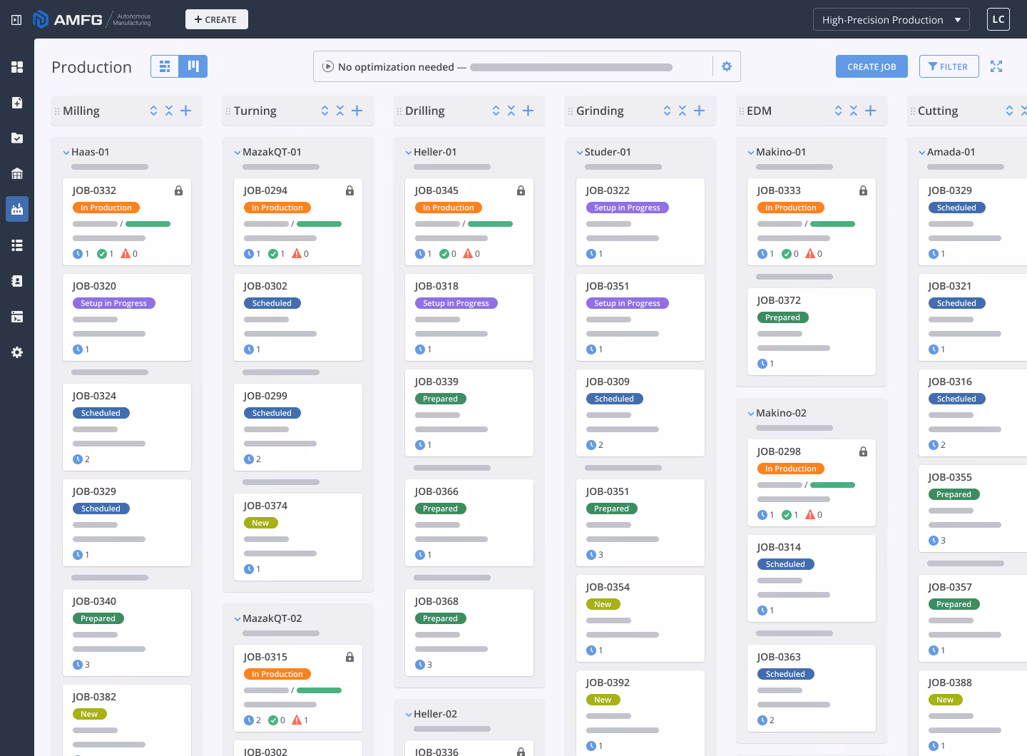 A kanban view of AMFG's production page, showing different jobs and their statuses.