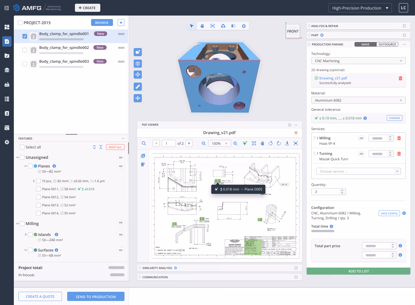 A 2D drawing being estimated in AMFG, with a 3D above and detailed production parameters on the right hand side.