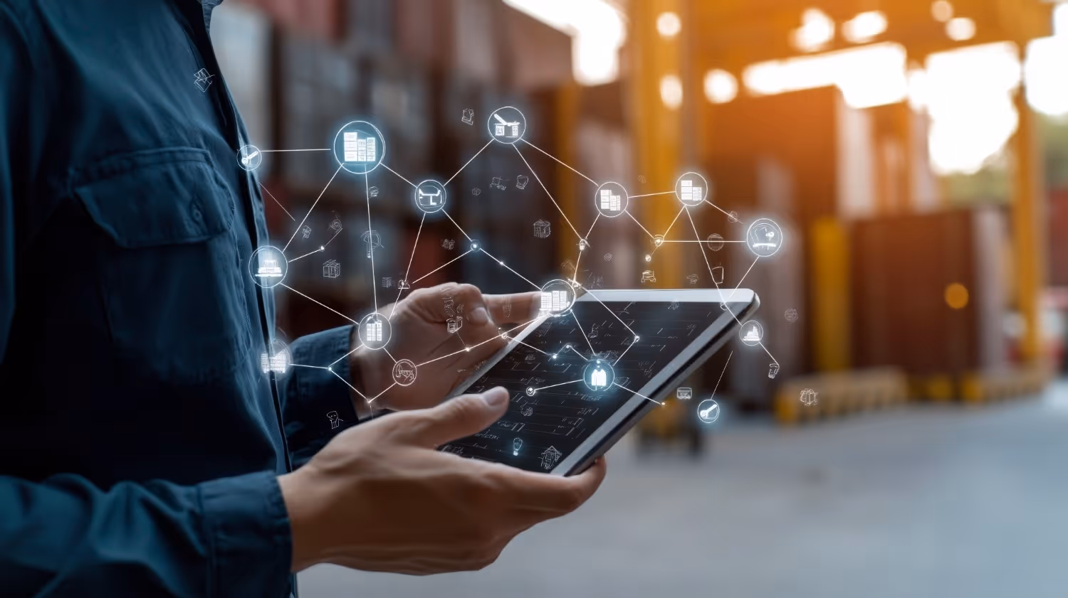 An ipad screen showing different supply chain points all virtually connected