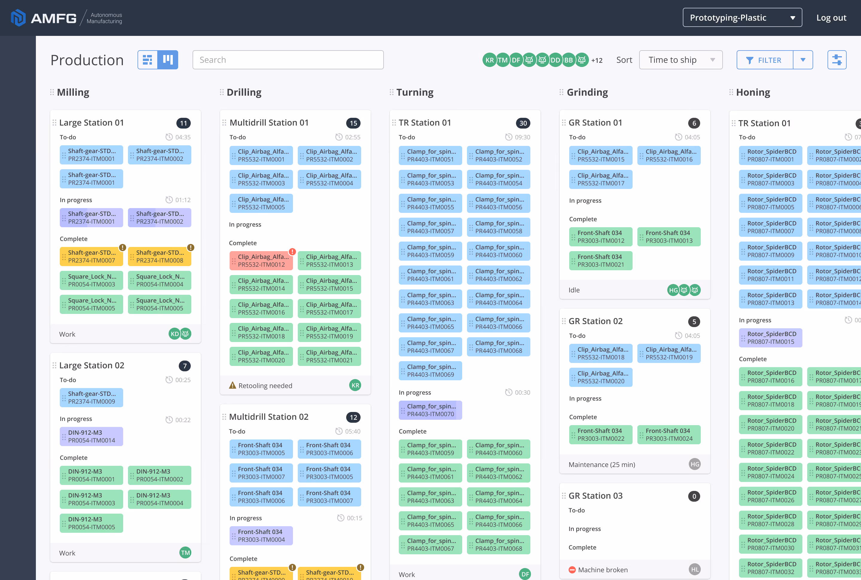 AMFG's production model, showing all the scheduled jobs and associated details