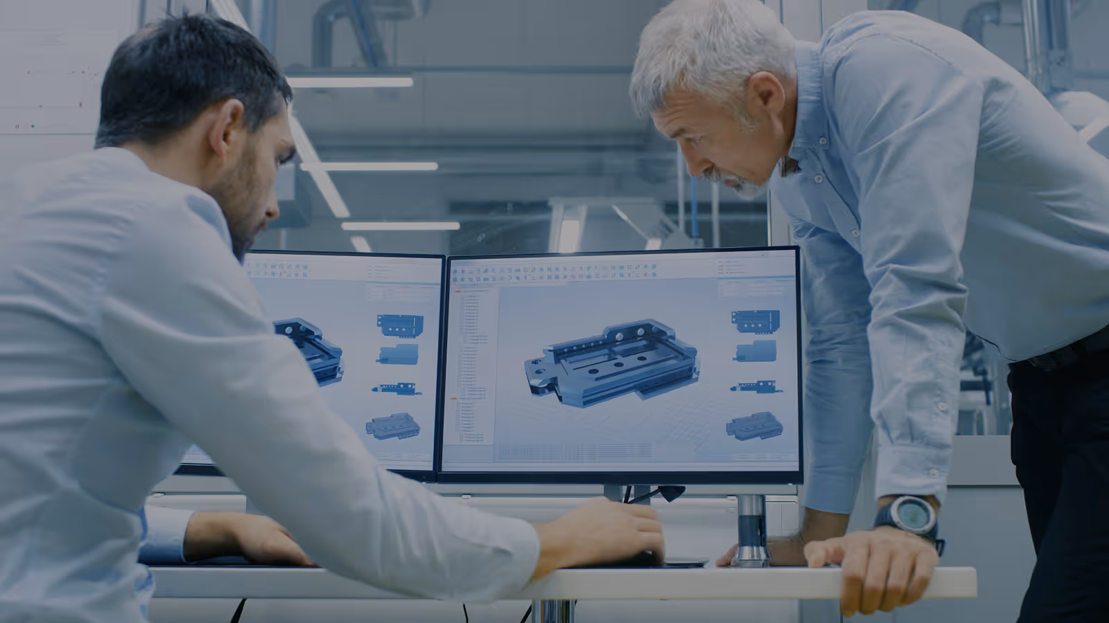 Two people working on a computer, preparing a part for manufacturing.