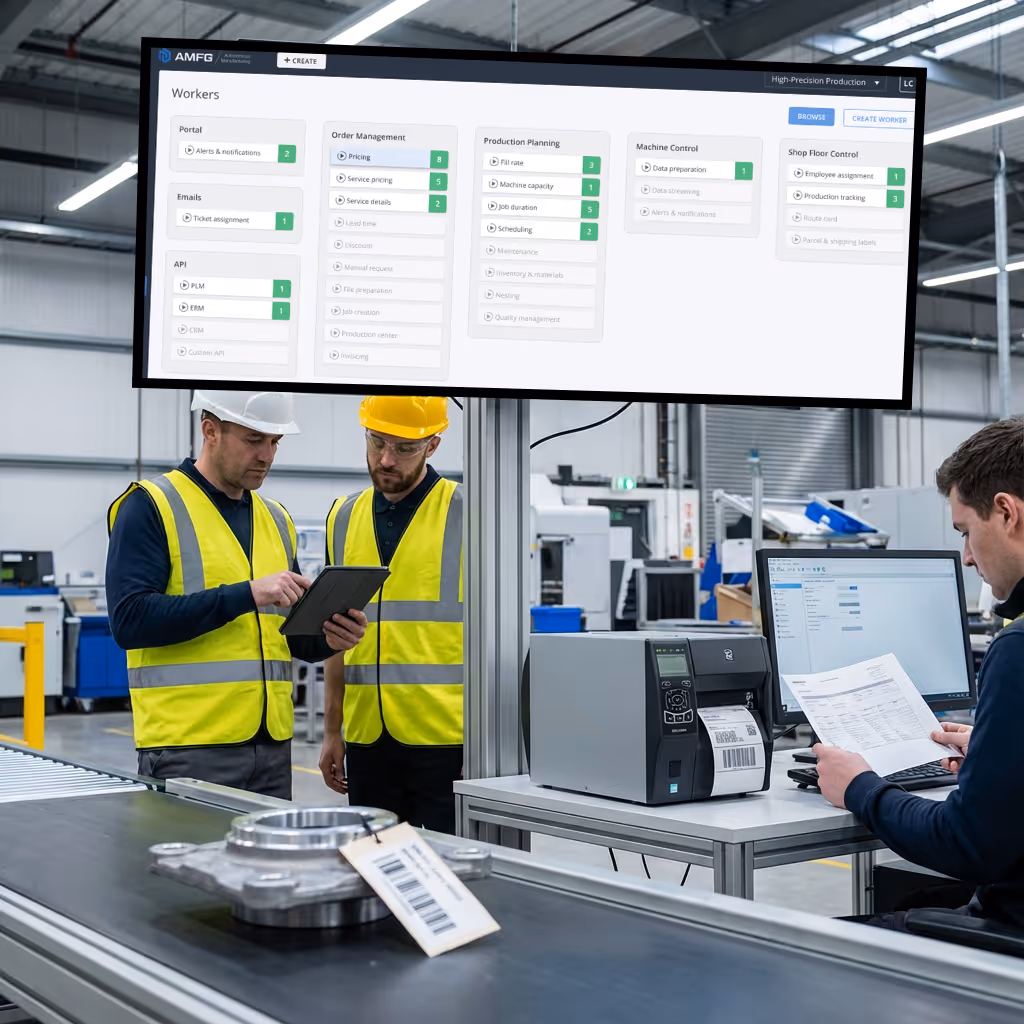 Workers in a shop, with parts on a conveyer belt. Above the workers is a large screen showing AMFG's worker overview with order management, production planning, machine control, shop floor control, emails, API's and a quoting portal.