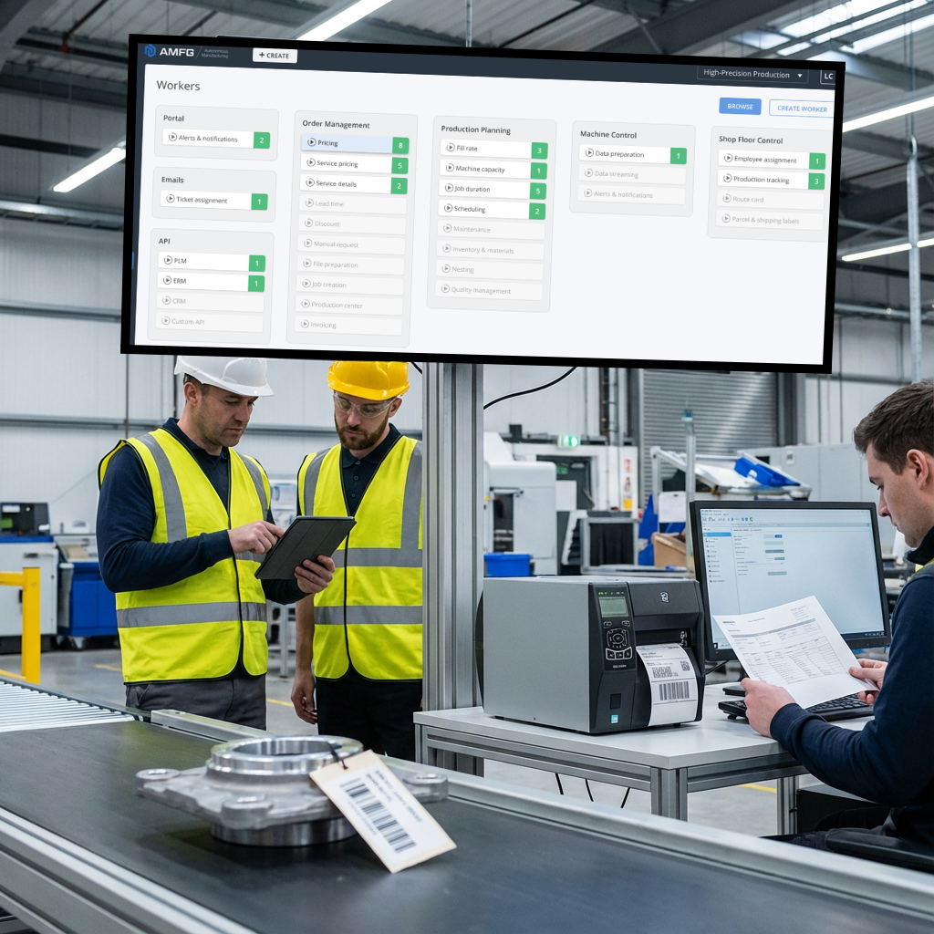 Workers in a shop, with parts on a conveyer belt. Above the workers is a large screen showing AMFG's worker overview with order management, production planning, machine control, shop floor control, emails, API's and a quoting portal.