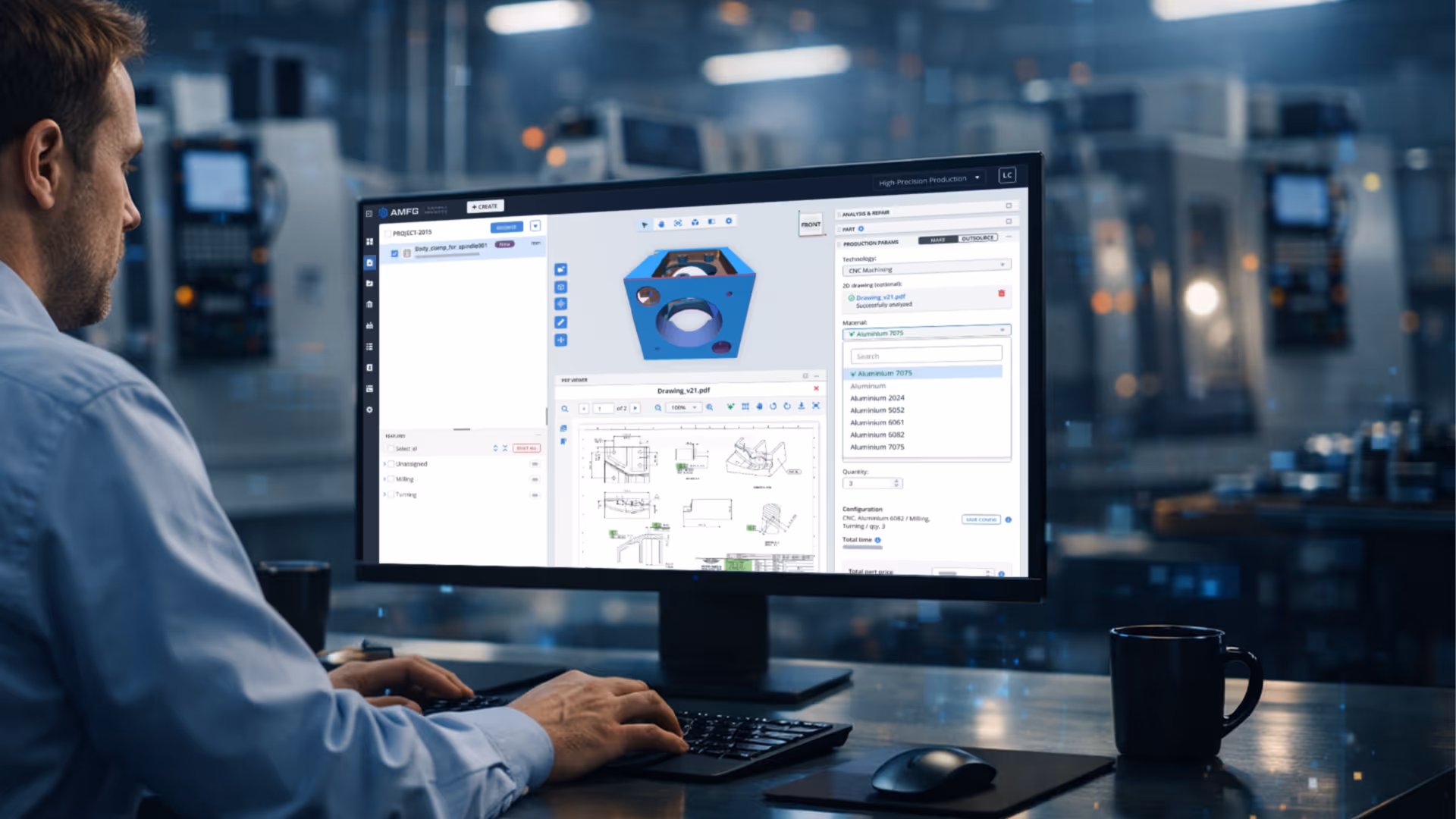 A monitor screen showing a 2D technical drawing, above which is a 3D model of the part. On the left hand side of the images are the features, on the right hand side are production parameters.
