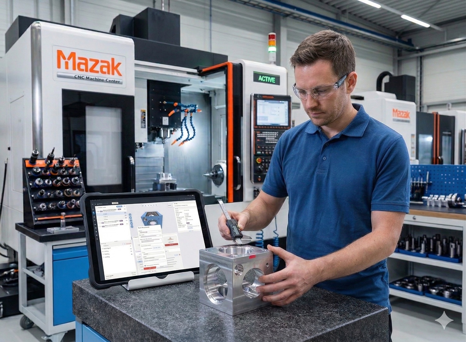 The inventory module of AMFG. Each part is shown with a 2D image, product name, category, whether it's in stock, and how much is left.