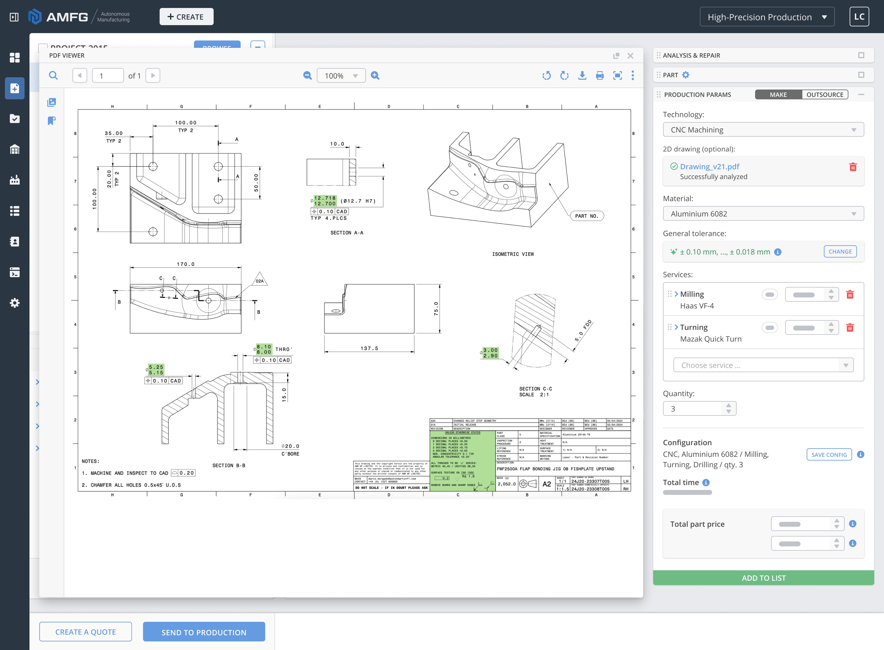 2D PDF drawing displayed on AMFG software highlighting dimensions and tolerances