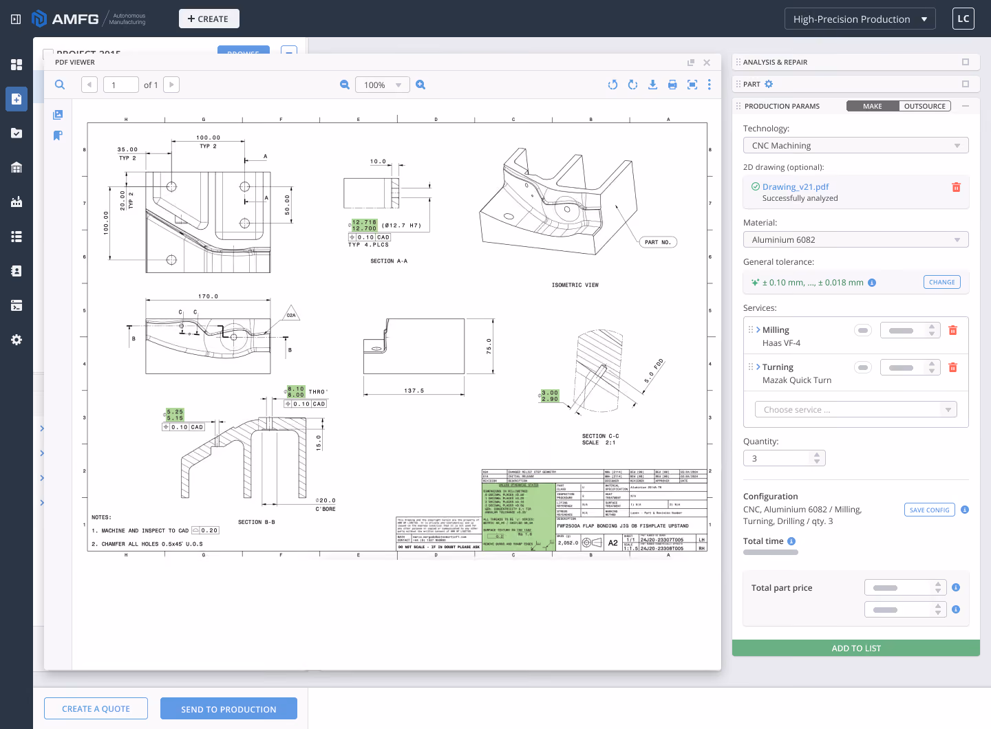 AMFG Estimating & Quoting software console showing 2D PDFs