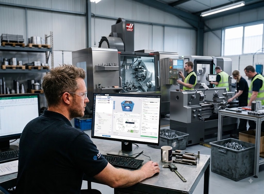 Estimator in a machine shop working on a quote and looking at the AMFG console