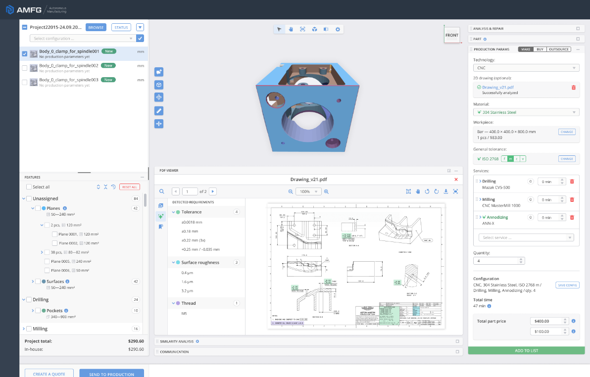 A screen of AMFG's software that shows the split screen UI so estimators can see specifications and the model at a glance. 