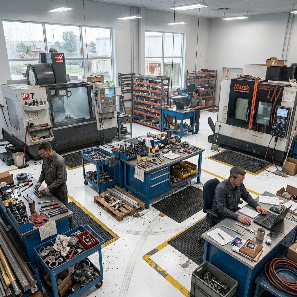 Employees focused at work inside a modern machine shop