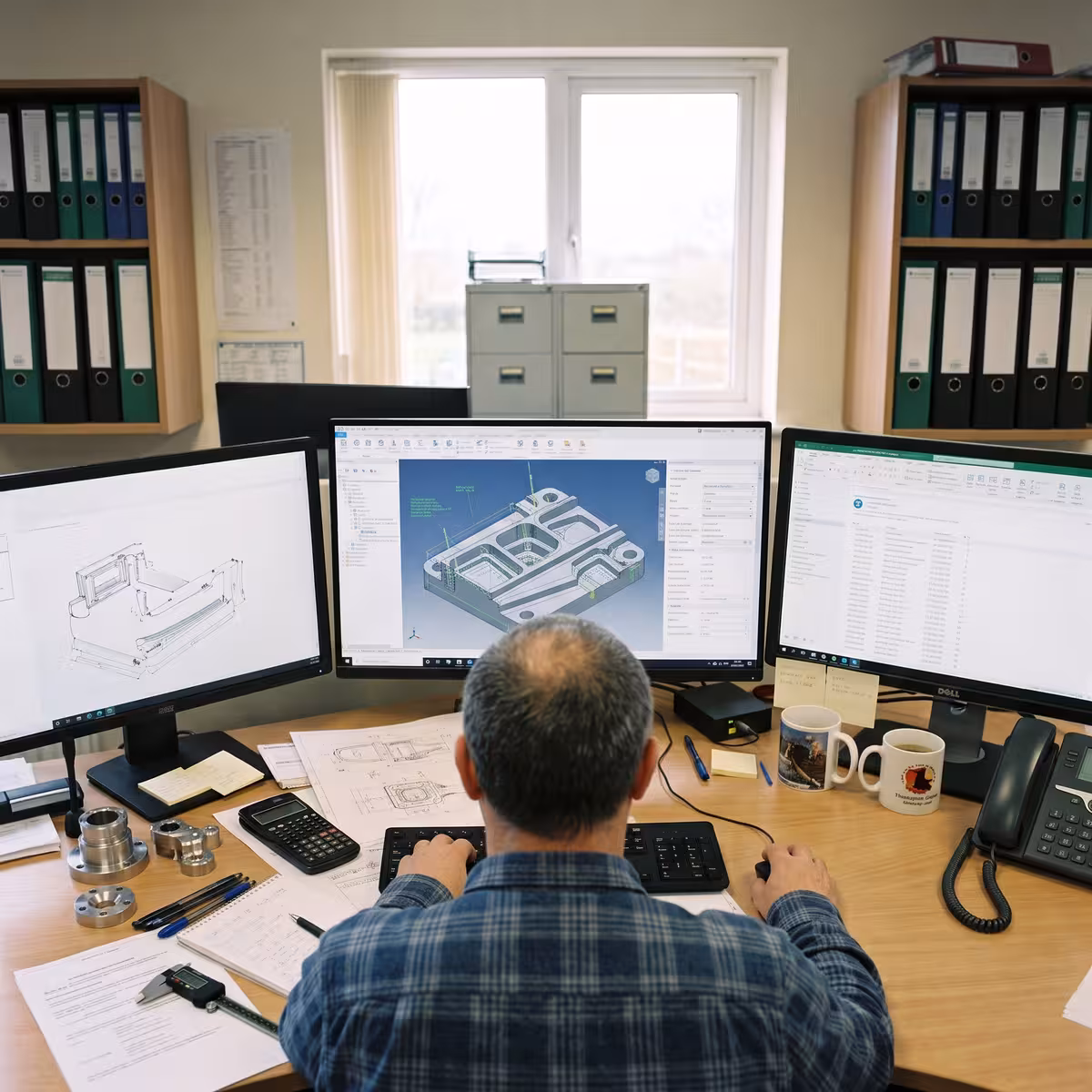 A CAM designer with thinning hair in his late fifties sitting infront of three monitors designing a complex part.