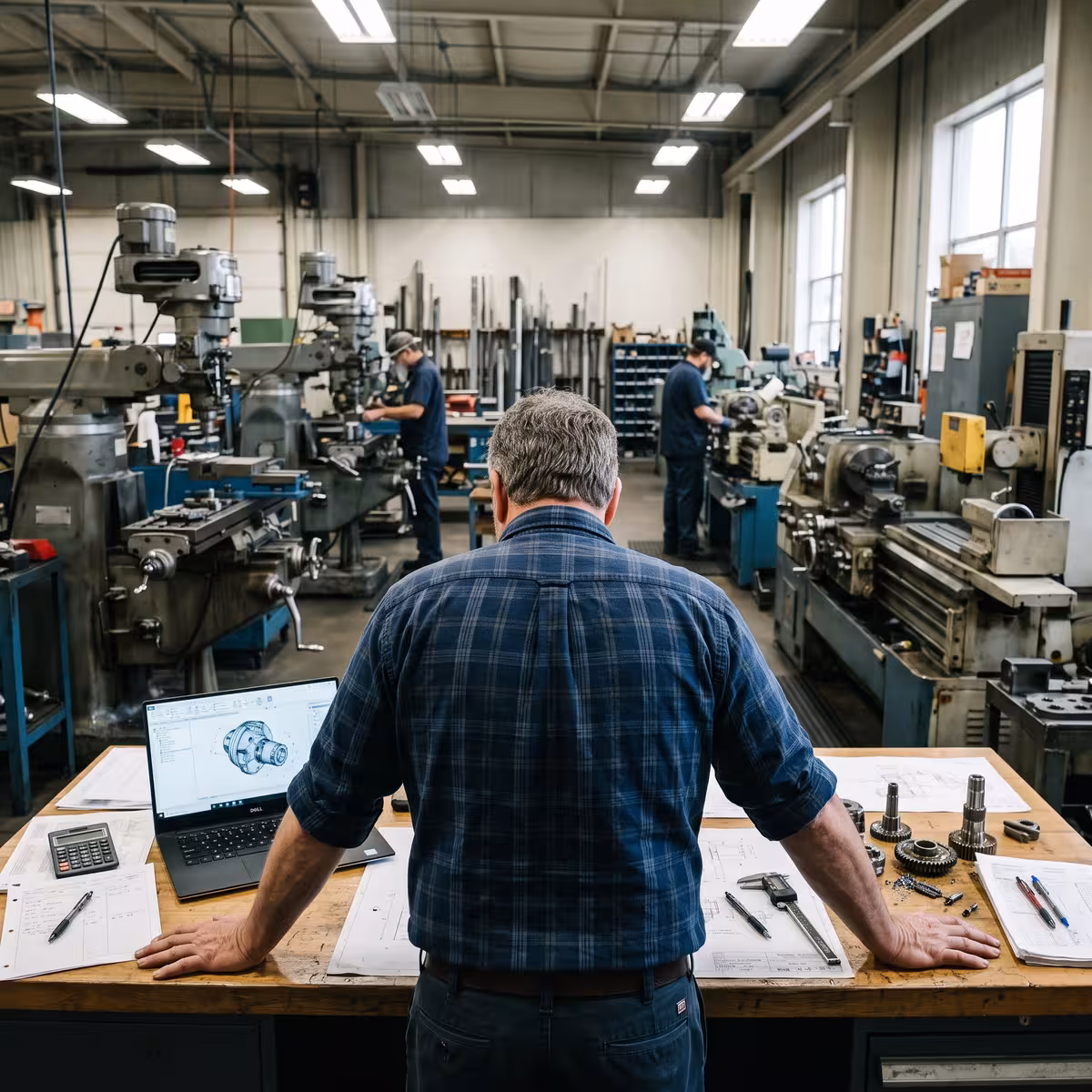 Machine shop owner stood in front of a desk, arms spread out leaning on it.