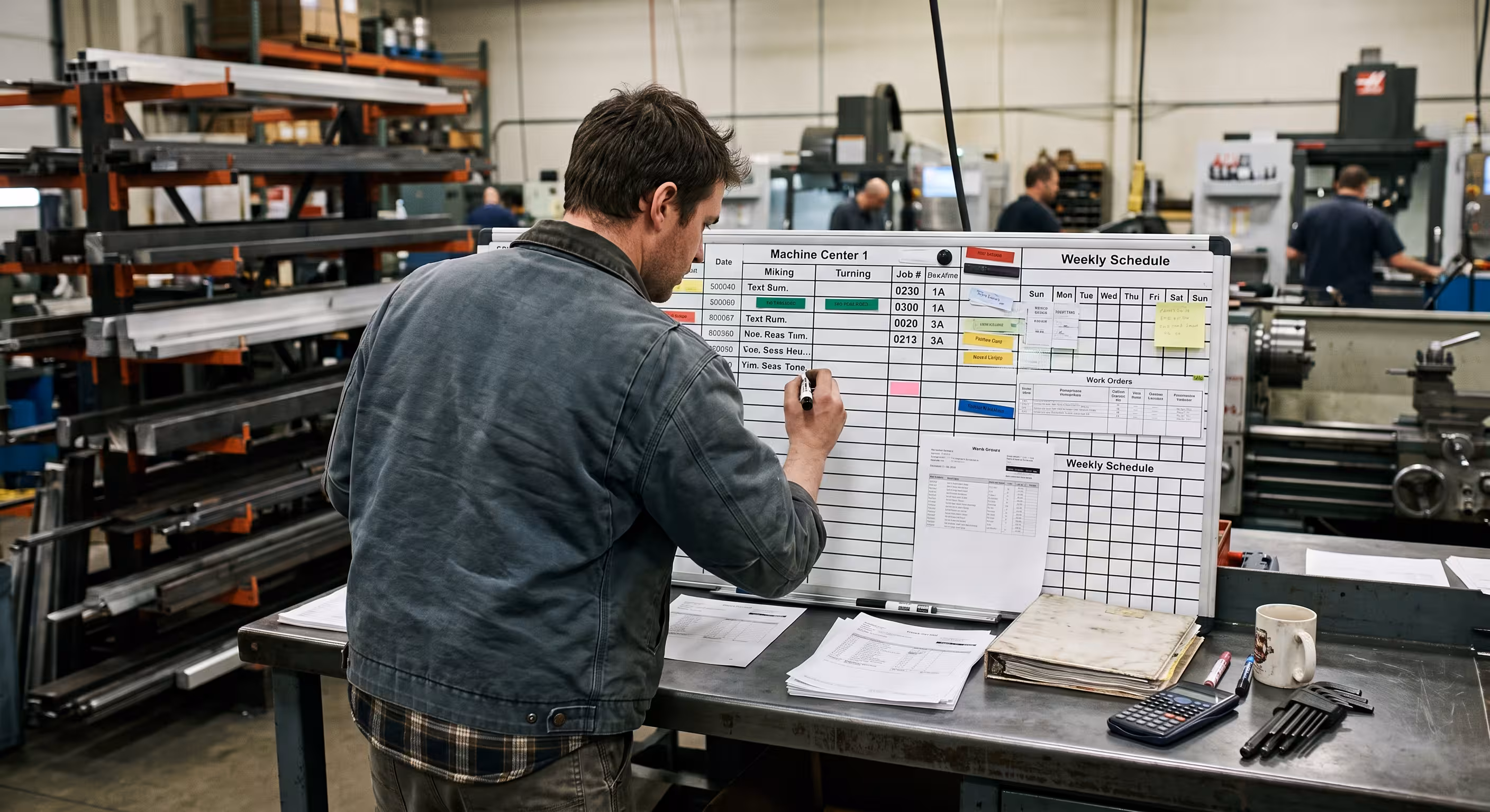 A machine shop planner creating a production schedule by hand on a whiteboard and post its.