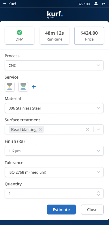 Kurf. plugin interface with bead blasting selected as surface treatment