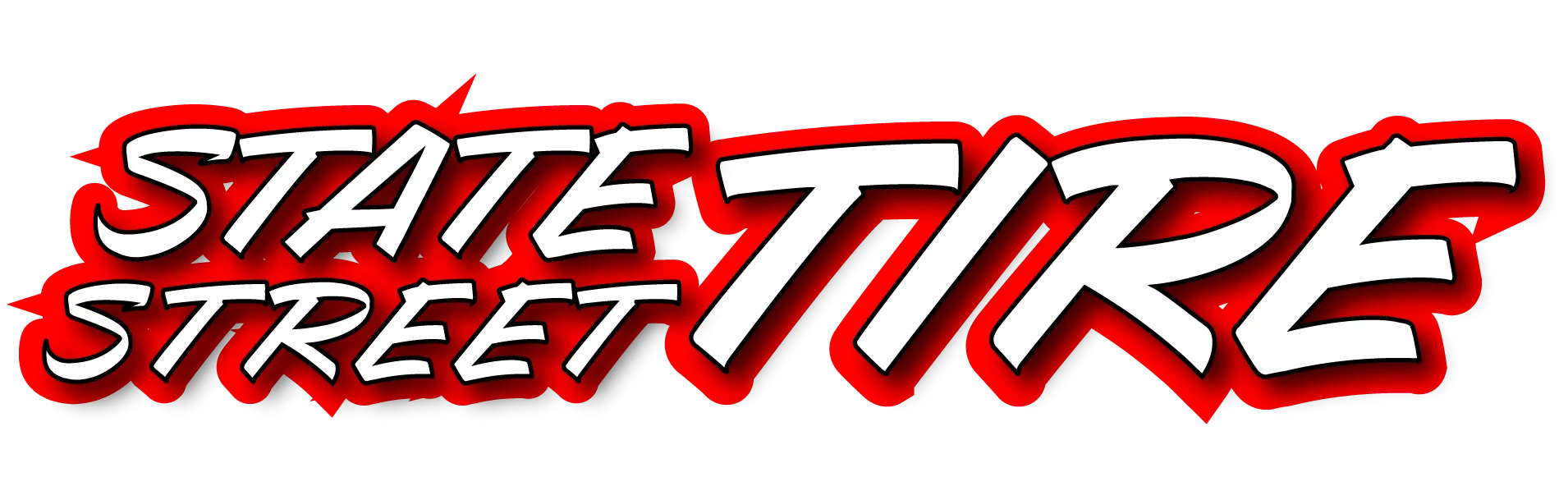 Bold logo for "State Street Tire" with dynamic typography in red and white colors. Designed for eye-catching appeal.