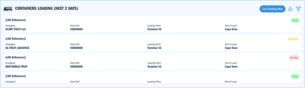 A screenshot of containers being loaded and tracked on Root2Go