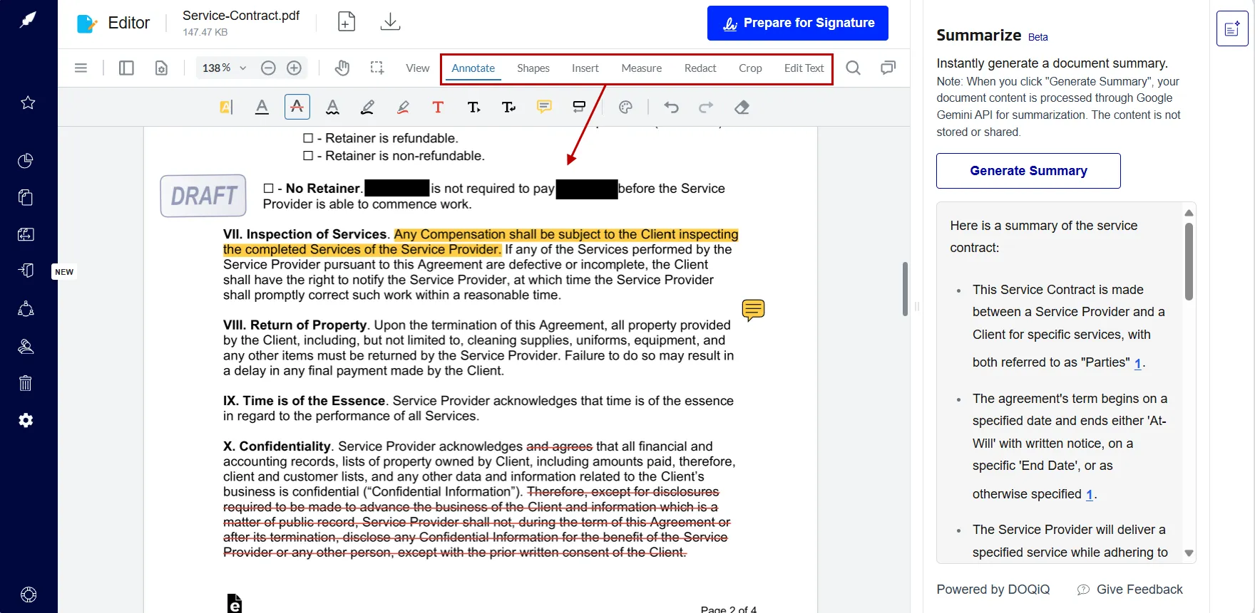 Editing a contract with Advanced Editor in Xodo Sign
