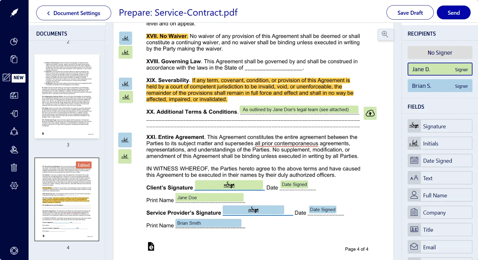 Editing the document in Xodo Sign after AI analysis