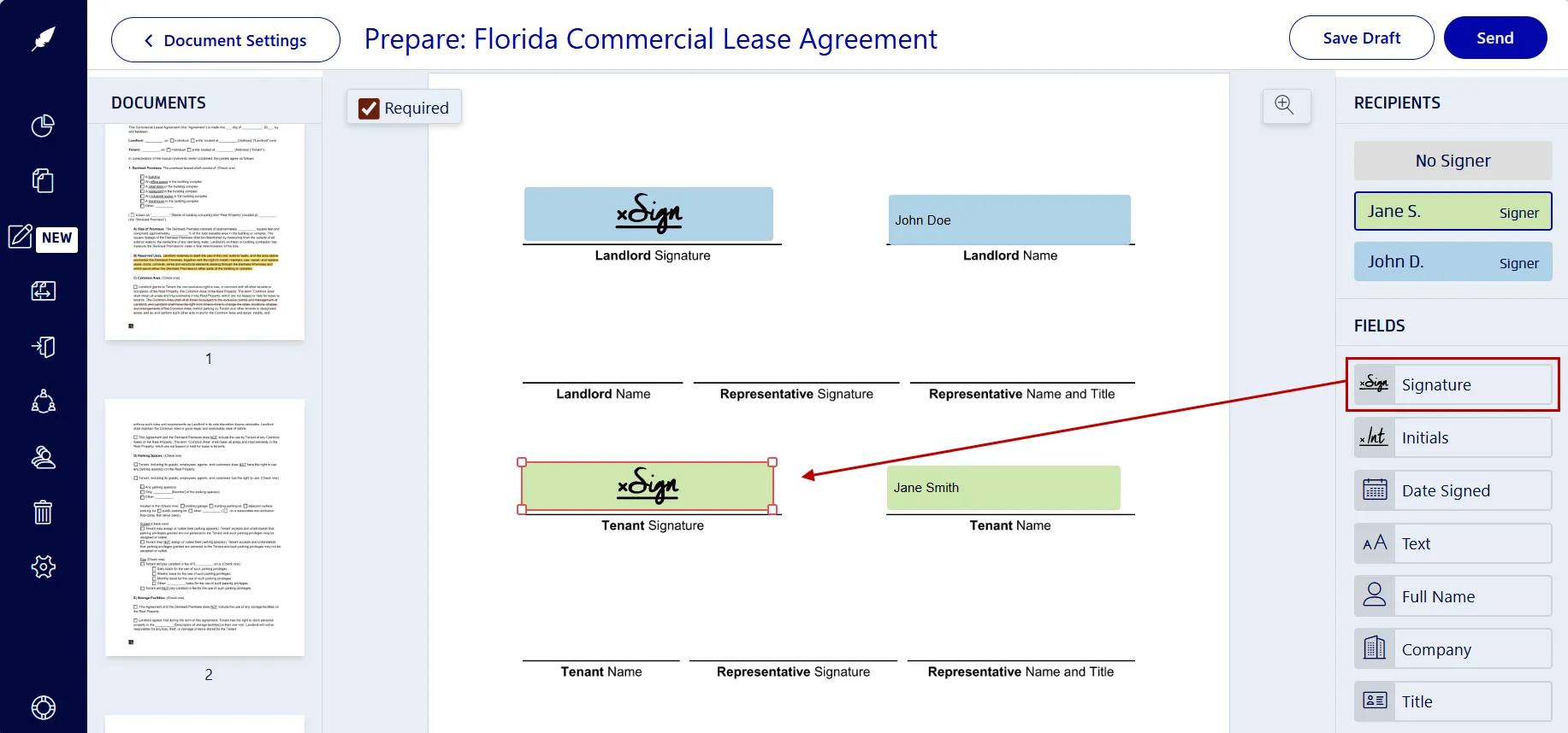 Adding signature and form fields to lease agreements in Xodo Sign