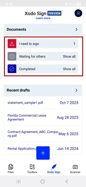 Tracking a document's status using Xodo Sign for Android