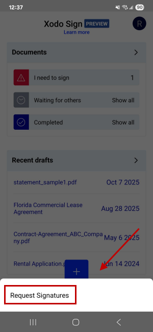 Importing a document for signature requests with Xodo Sign on Android