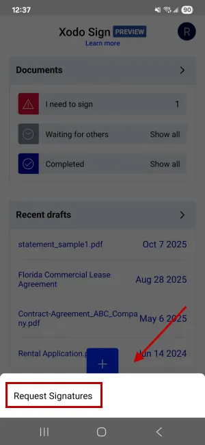 Importing a document for signature requests with Xodo Sign on Android
