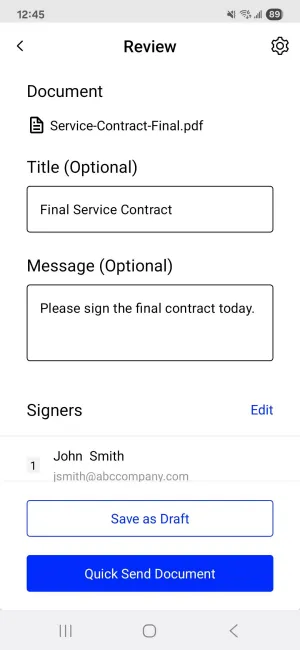 Adding a message to signature requests on Android using Xodo Sign
