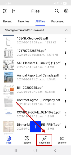 Accessing Xodo Sign from the Xodo mobile app on Android