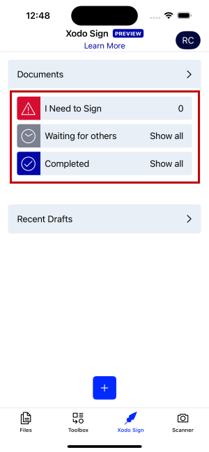 Tracking progress of requested signatures using Xodo Sign tools on mobile