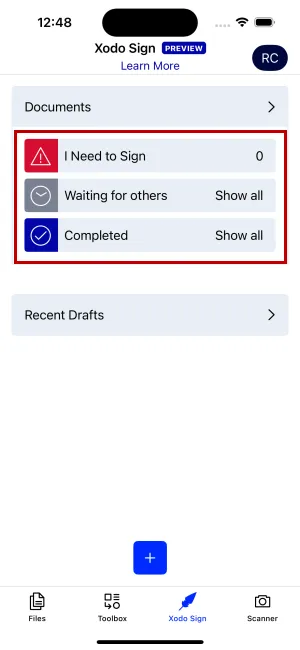 Tracking progress of requested signatures using Xodo Sign tools on mobile