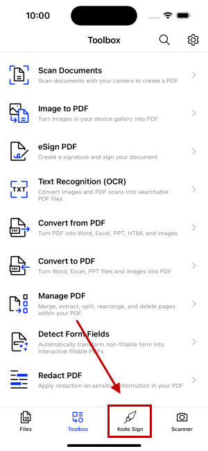 Accessing Xodo Sign tools in the Xodo app on iOS