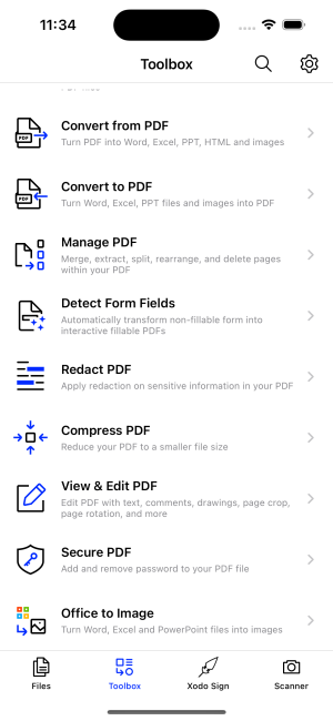 Accessing PDF editing tools in Xodo Mobile on iOS devices