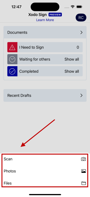 Uploading a document to Xodo Sign for signature on iOS