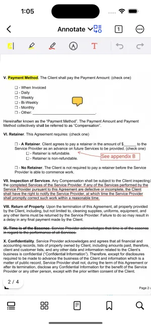 Using editing tools in the Xodo app for iOS before requesting signatures
