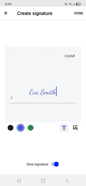 Creating a new signature using the Android Xodo app
