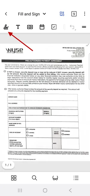 Accessing the signature tool inside the Xodo app on Android