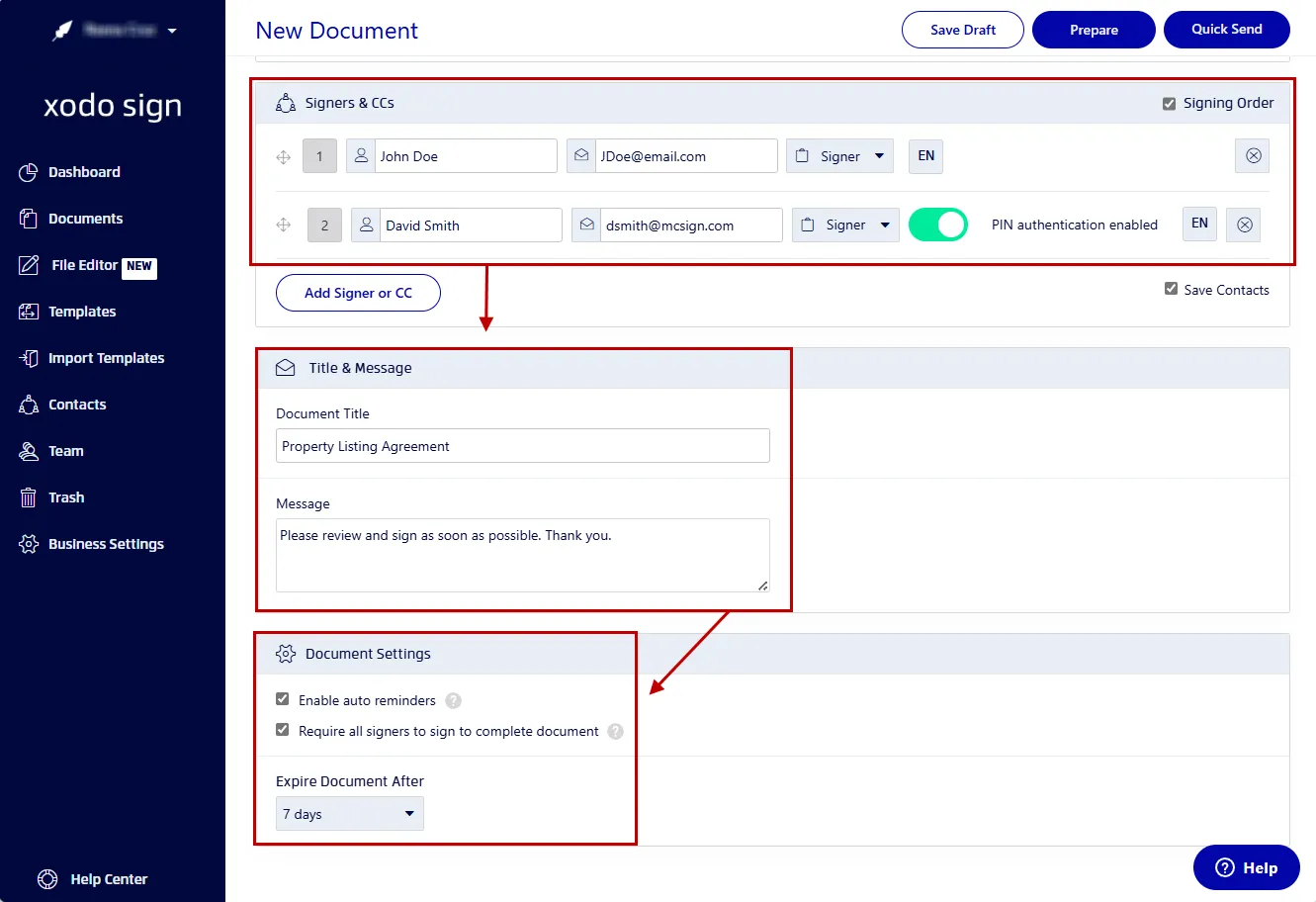 Defining listing agreement signers, document title, authentication and settings in Xodo Sign