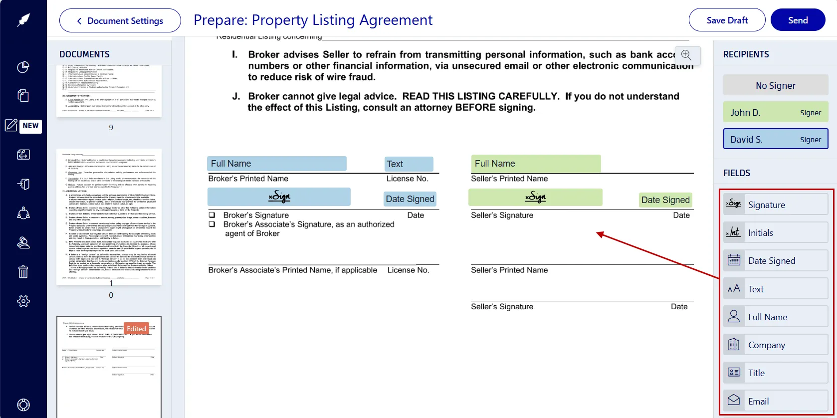 Preparing the listing agreement for signing by adding signature fields in Xodo Sign