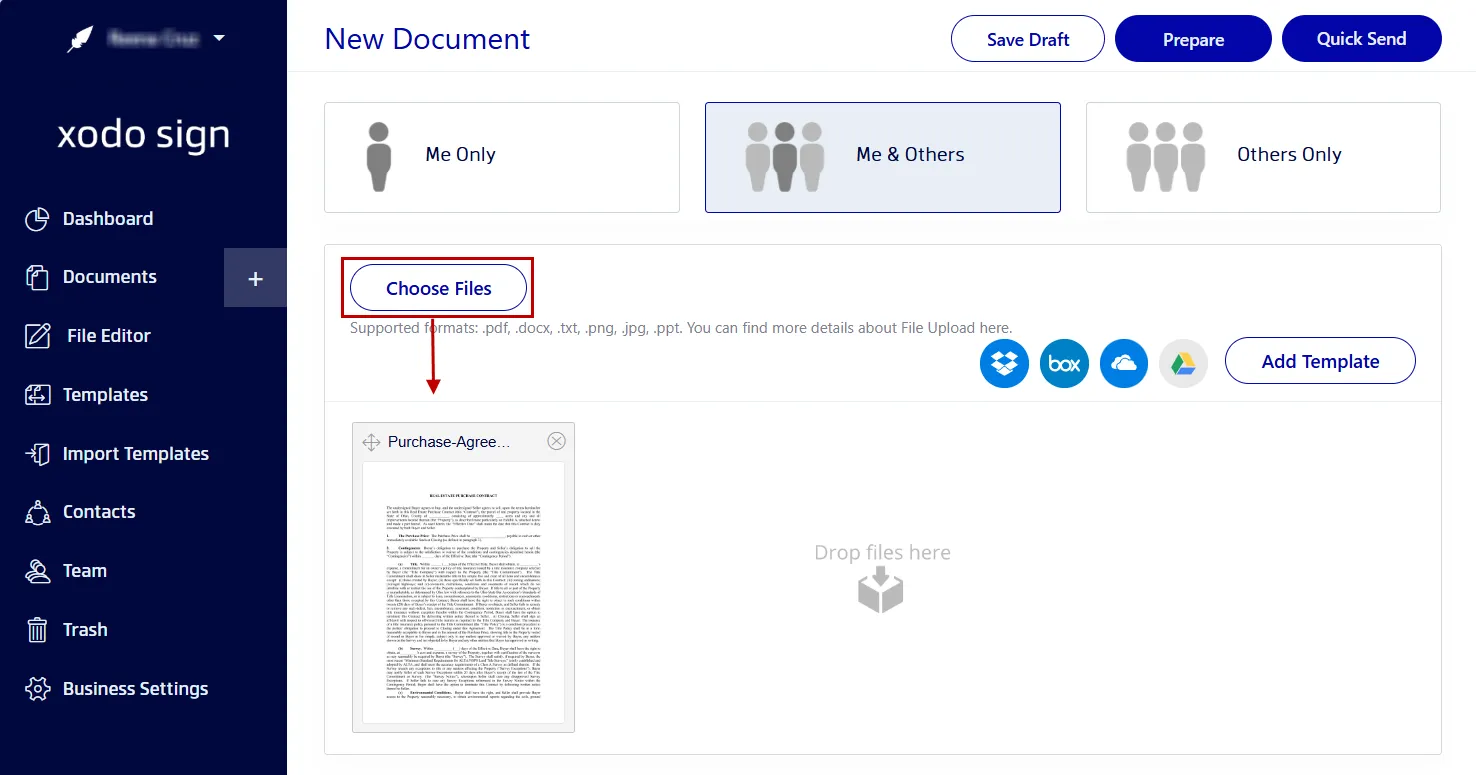 Uploading a real estate purchase agreement to Xodo Sign