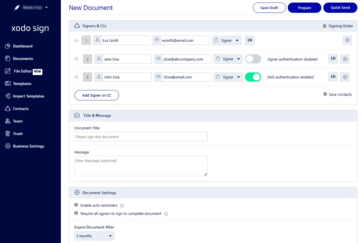 Using Xodo Sign tools to prepare a purchase agreement for signing online