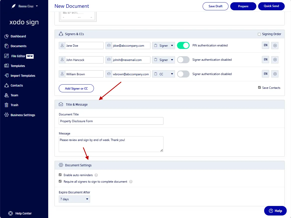Adding signers to a disclosure agreement form in Xodo Sign