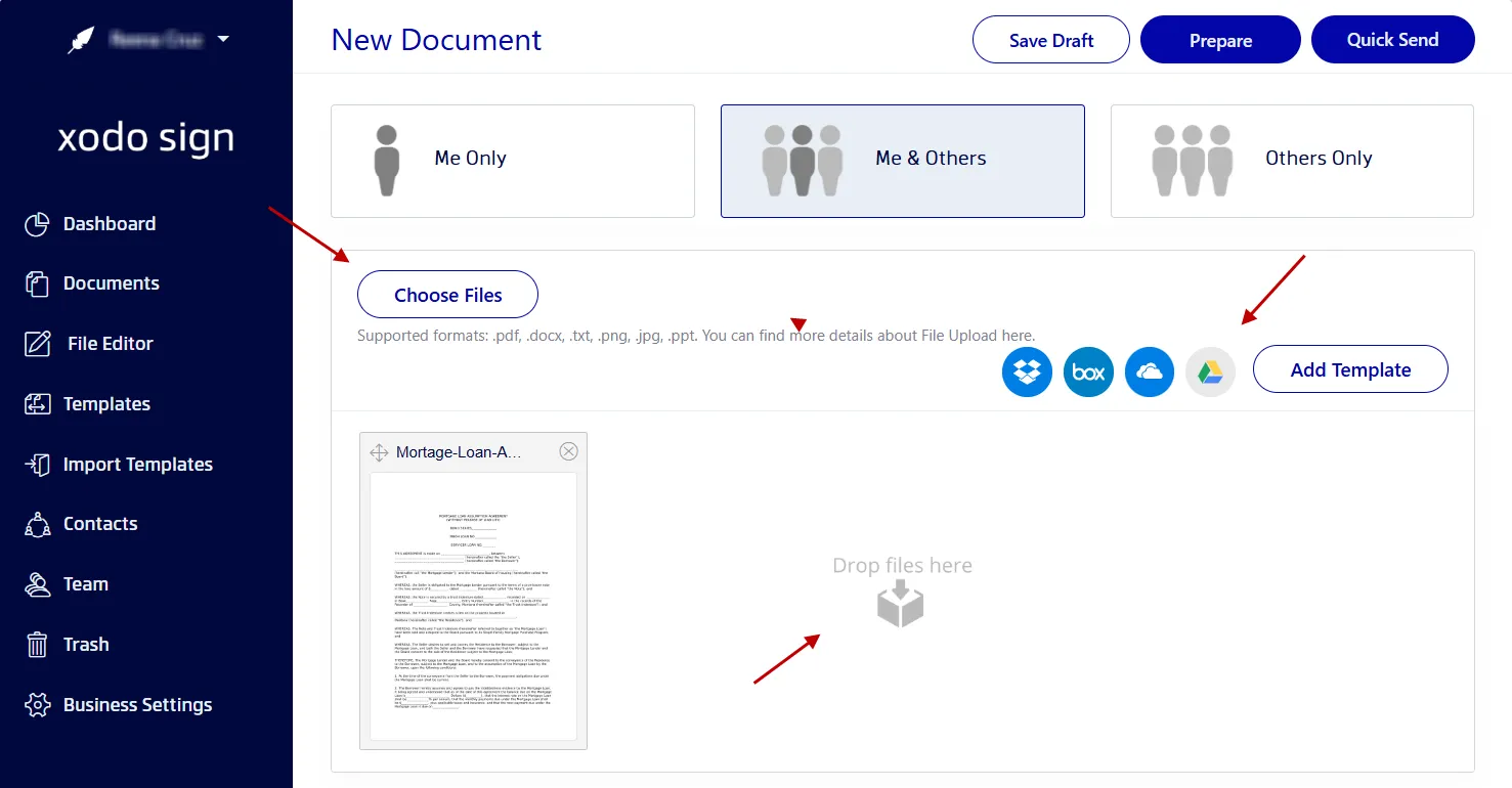 Steps to upload a mortgage application or a loan agreement into Xodo Sign for signing
