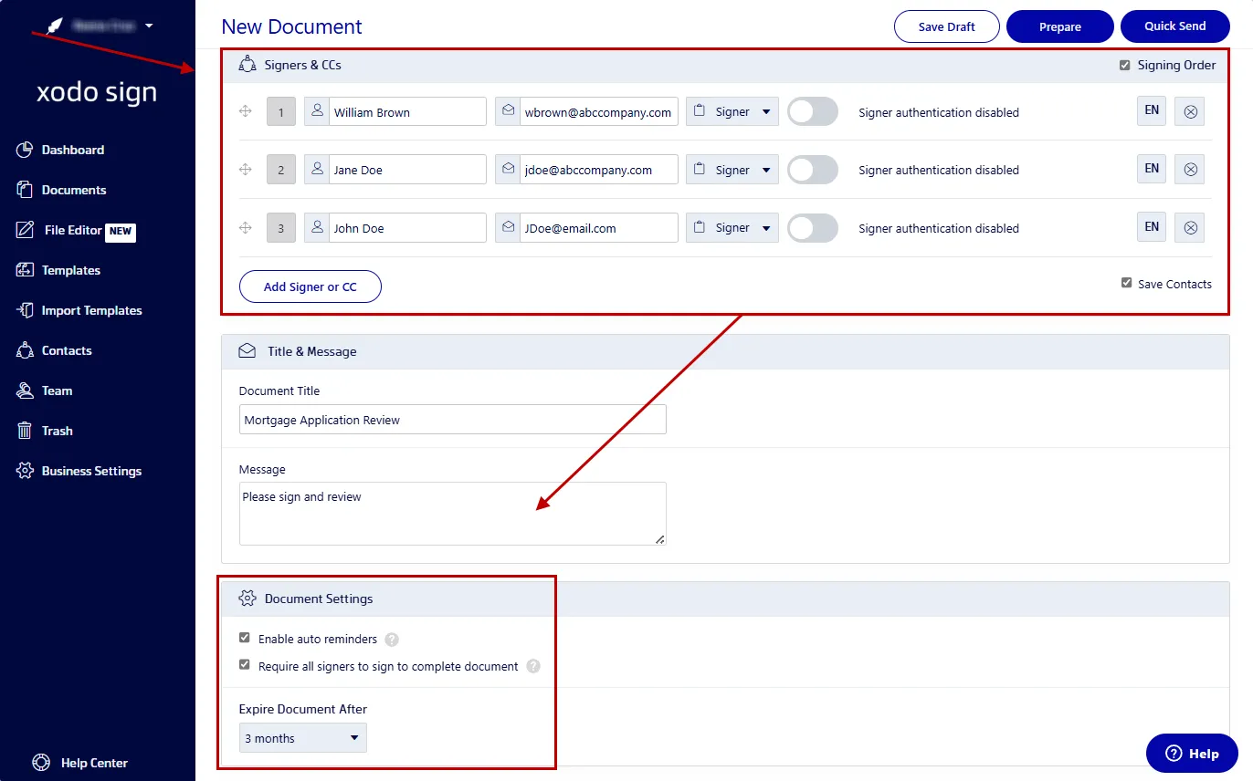 Adding signers to a mortgage application in Xodo Sign